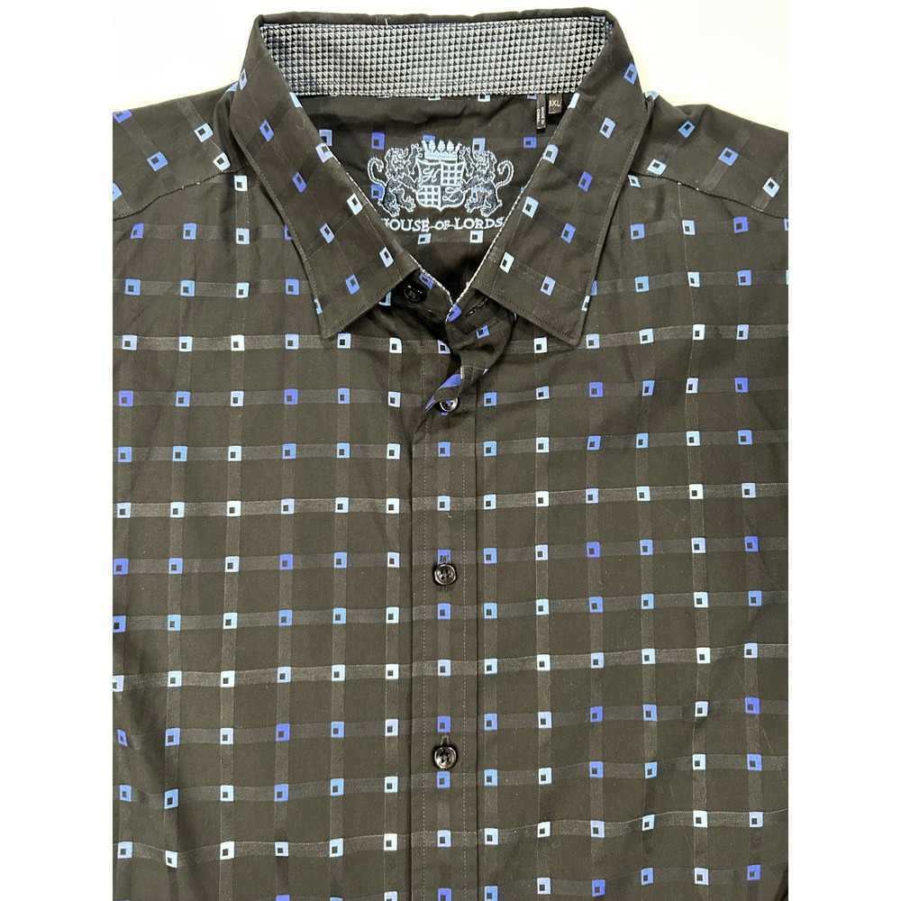 House of Lords Mens 3XL Black Blue Geometric Square Print Button Down Shirt LS